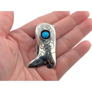 Handmade Navajo Sterling Silver Money Clip Cowboy Boot Kingman Turquoise Stone**